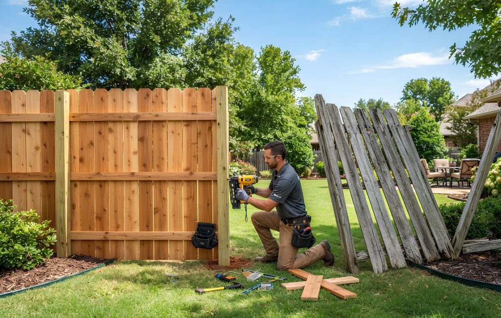 Fence repair contractor in Edmond OK installing a new wood privacy fence after removing damaged fence sections.